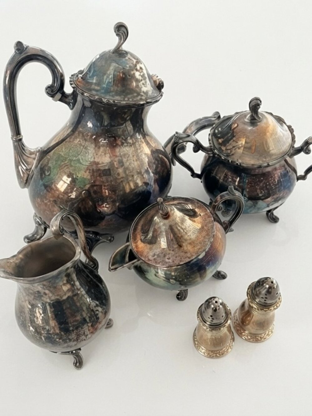 Antique Vintage Style Silver Tea Set - 5-Piece with Salt & Pepper Shakers